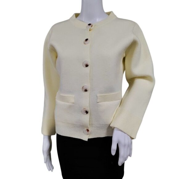 Quiet Luxury Preppy Button Front Cardigan Sweater Minimalist Cream Womens XS/S - Picture 2 of 11